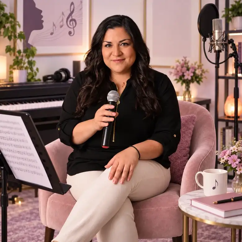 Laura Bravo seated with a microphone beside a piano and a music stand during a one-on-one vocal lesson