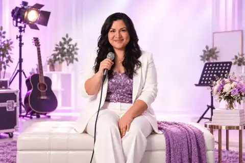 Laura Bravo seated with a microphone in a studio lit in purple, with a guitar and flowers behind her
